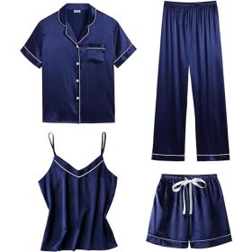 Womens 4pcs Pajamas Sets Silk Satin Sleepwear Sexy Pjs Loungewear (Color: navy blue, size: XXXL)